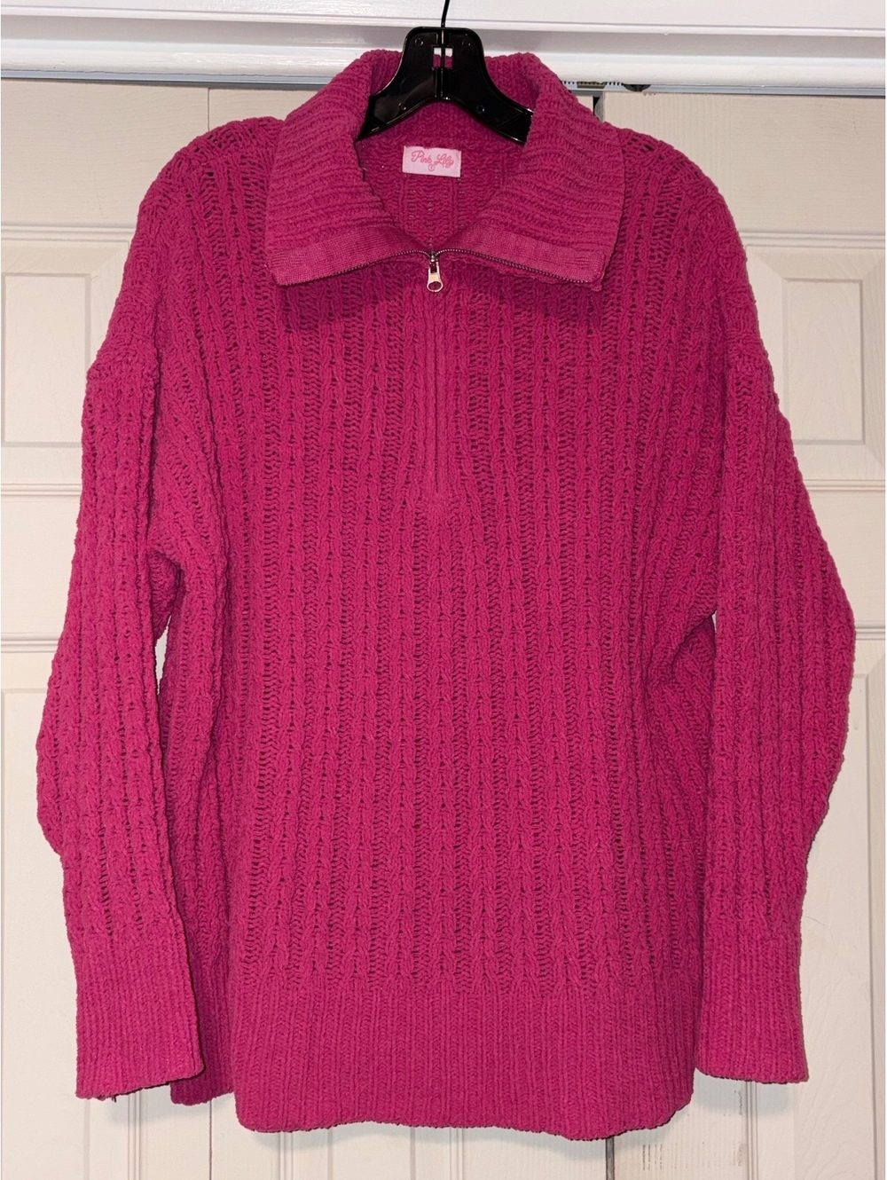 Pink Lily Hot Pink Cable Knit Half Zip Sweater Size Small Preppy Après Ski
